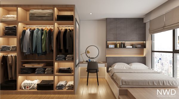 Phòng ngủ với hệ giường đặt sát cửa sổ nhằm tối đa hóa không gian