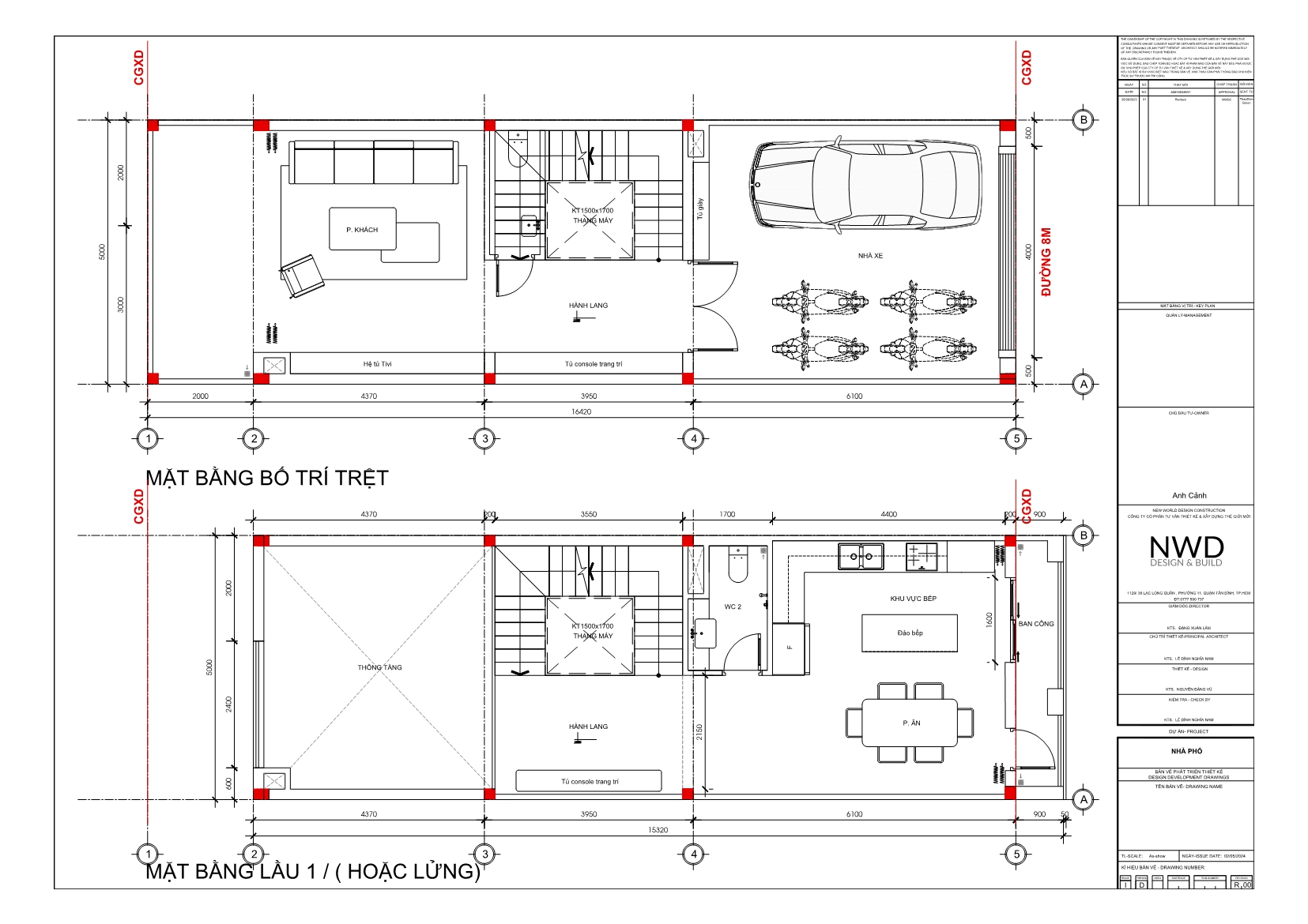 Mặt bằng công năng trệt và lầu 1 của nhà phố 5m mặt tiền