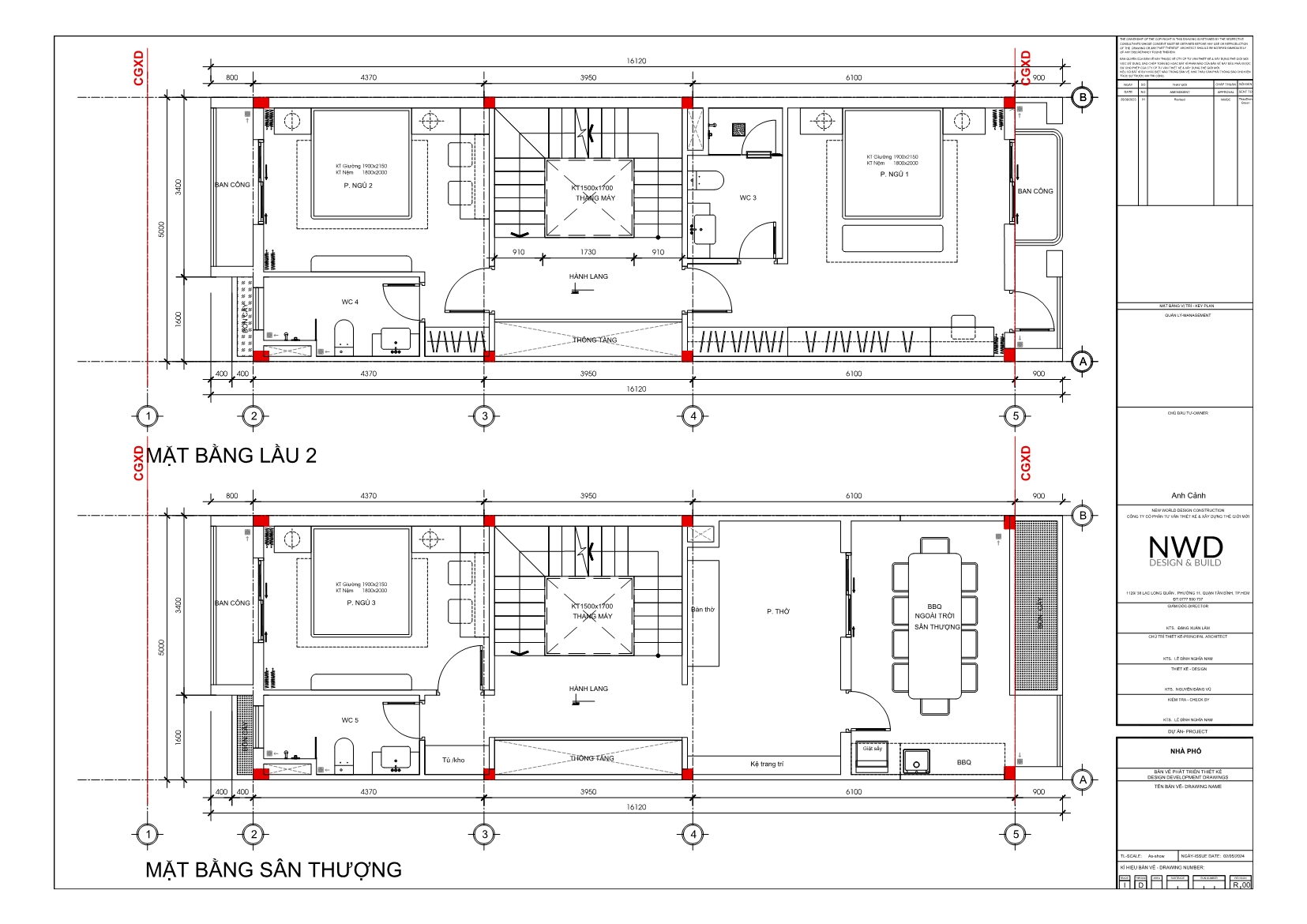 Mặt bằng công năng lầu 2 và sân thượng của nhà phố 5m mặt tiền